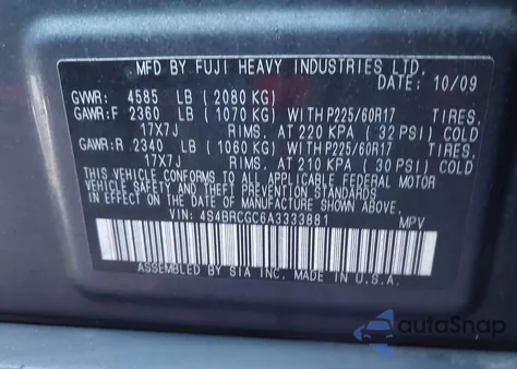 2010 Subaru Outback 2.5I Premium из США, поврежденный, VIN 4S4BRCGC6A3333881